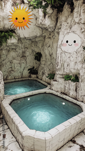 Charming Vector Image of Dual Rock Pools with Cartoon Sun and Moon, Surrounded by Lush Greenery in Serene Natural Setting, Perfect for Relaxation Imagery