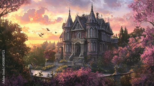 Enchanting Victorian Mansion at Sunset photo