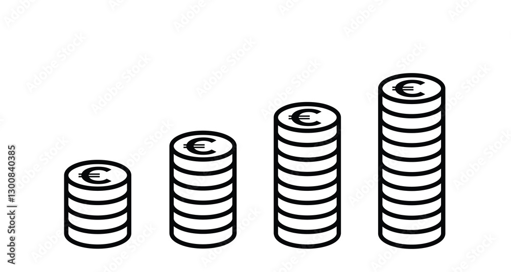 outline growing stacks of euro coins, financial growth icon, black and white vector outline growing stacks of euro coins, financial growth icon, black and white vector