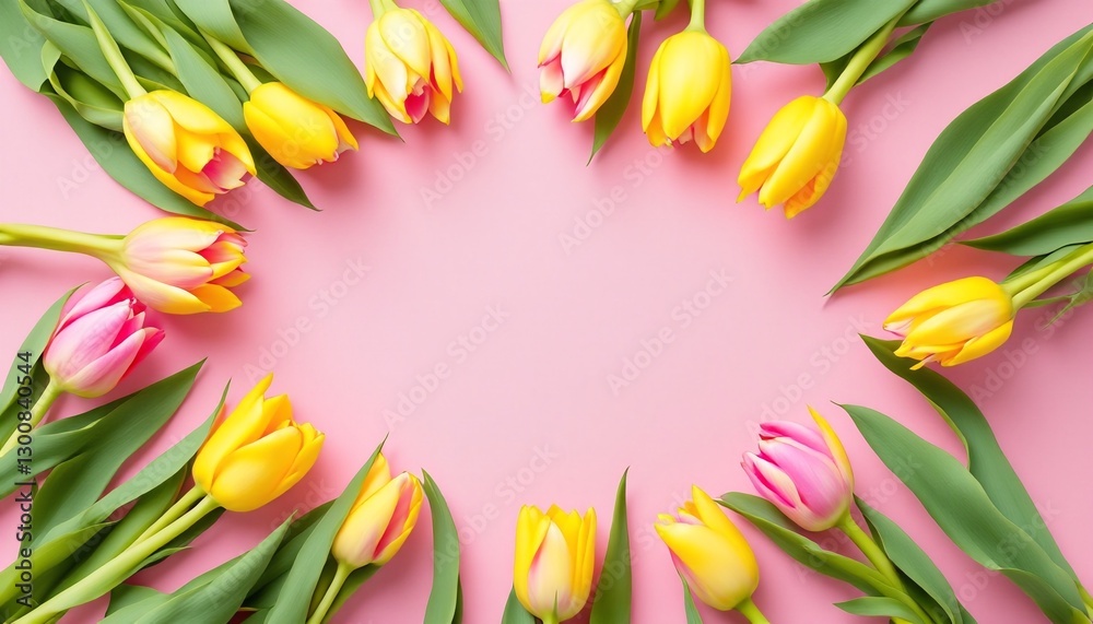 A collection of tulips arranged on a pink background. A collection of tulips arranged on a pink background.