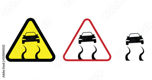 Car on Slippery Road Sign Different Colors. Driving a vehicle and safety on the road concept vector art