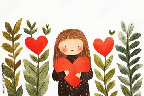 Cute girl holding a red heart, surrounded by green leaves and hearts, perfect for Valentine s Day themes and love concepts Ideal for children s decor and illustrations