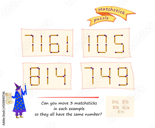 Logic puzzle game with matches for smartest. Can you move 3 matchsticks in each example so they all have the same number? Page for brain teaser book. Developing spatial thinking. Vector illustration.