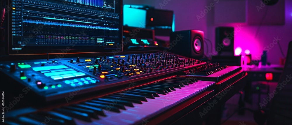 A music studio setup including a digital audio workstation and keyboard A music studio setup including a digital audio workstation and keyboard