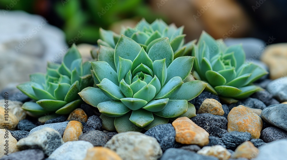 Fototapeta premium Succulents thrive amongst stones, their geometric leaves a vibrant green oasis of life. Close-up, the details of nature are stunning.