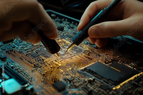 A technician programming firmware onto a motherboard using a USB debugger, the intricate circuit patterns glowing under soft task lighting,
