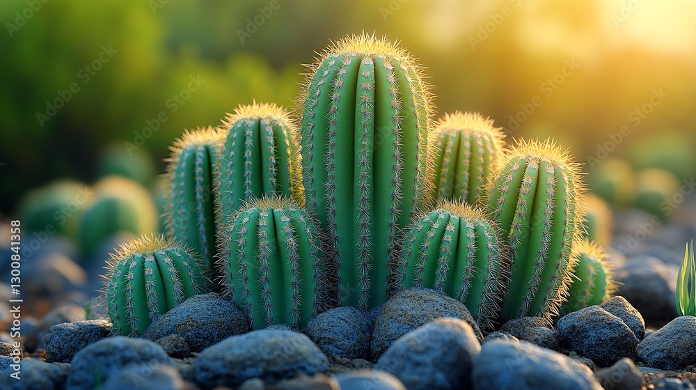 A cluster of bright green cacti, covered in tiny spikes, grow among dark rocks in the warm light of a desert sunset. A cluster of bright green cacti, covered in tiny spikes, grow among dark rocks in the warm light of a desert sunset.