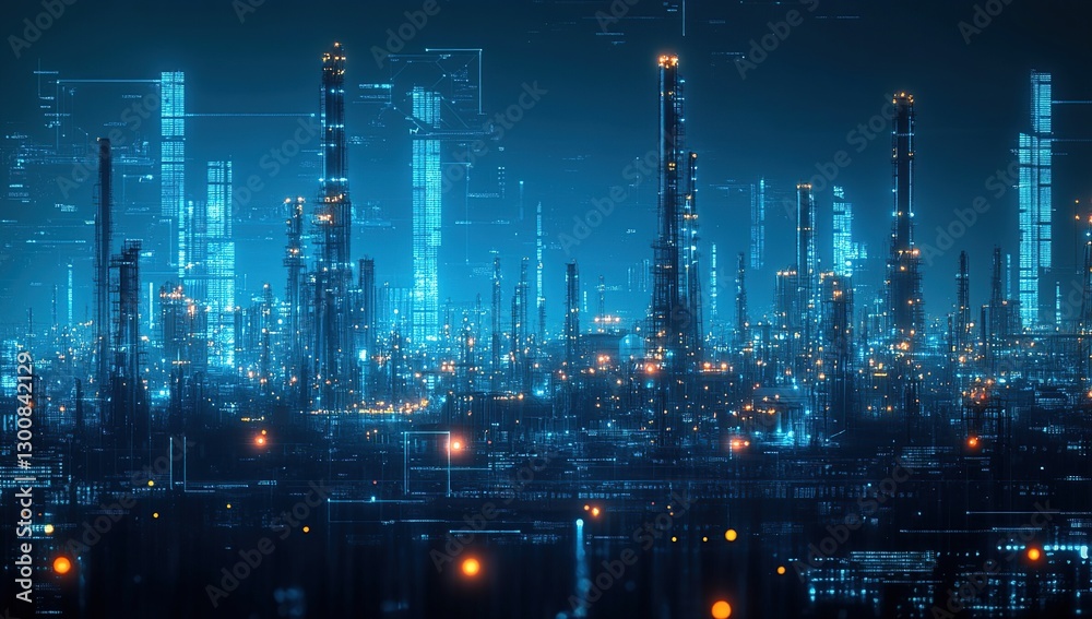 Fototapeta premium Futuristic City Skyline at Night with Glowing Blue Lights