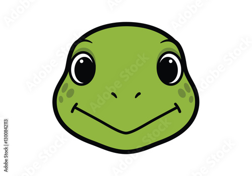 Turtle face clipart. This image shows a green turtle's face with large, expressive eyes and a slight smile. Vector illustration design.