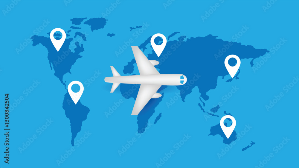 Naklejka premium Realistic Airplane World Map Markers Show Travel Destination. Traveling industry and vehicles concept vector art