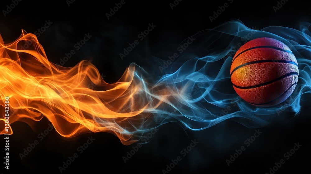 A basketball surrounded by dynamic flames in orange and blue, symbolizing energy and motion. A basketball surrounded by dynamic flames in orange and blue, symbolizing energy and motion.