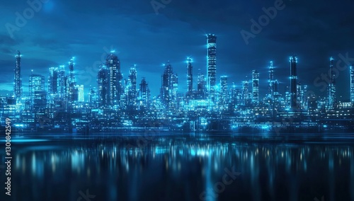 Wallpaper Mural Futuristic City Skyline at Night with Blue Lights and Water Reflection Torontodigital.ca