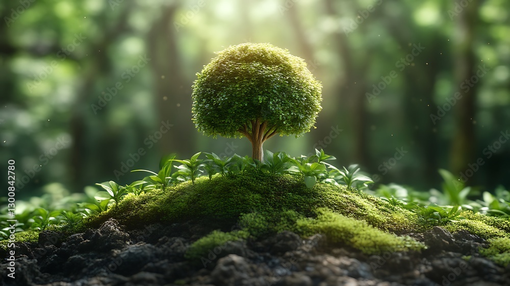 Obraz premium Small Tree Growing on Mossy Hillside in Forest