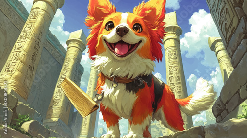 Adventurous Orange Dog in Ancient Ruins with Hieroglyphs and Columns Under Blue Sky - Fantasy Animal Vector Art Depicting Joyful Exploration and Discovery