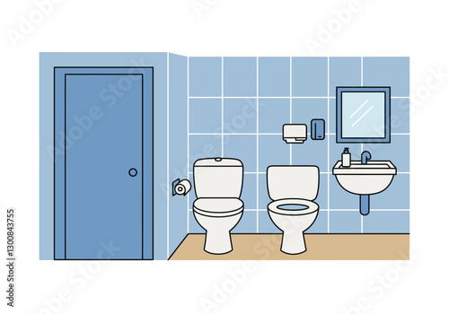 Clip art restroom. This image shows a restroom with a door, two toilets, a sink, a mirror, and various bathroom accessories. Vector illustration design.