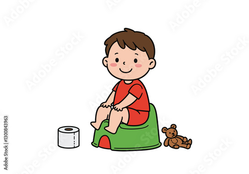 Cute potty training clipart. A child is sitting on a green potty with a roll of toilet paper and a teddy bear nearby. Vector illustration design.