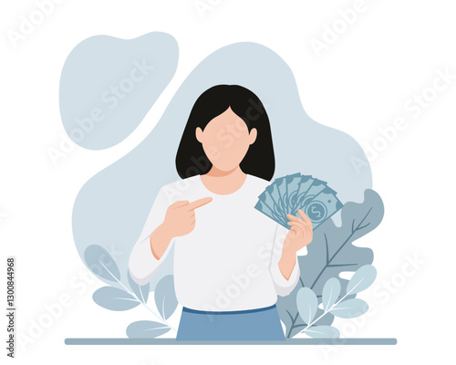 lucky girl hold lot of money, pointing at dollar bills in hand. Flat vector illustration isolated on white background
