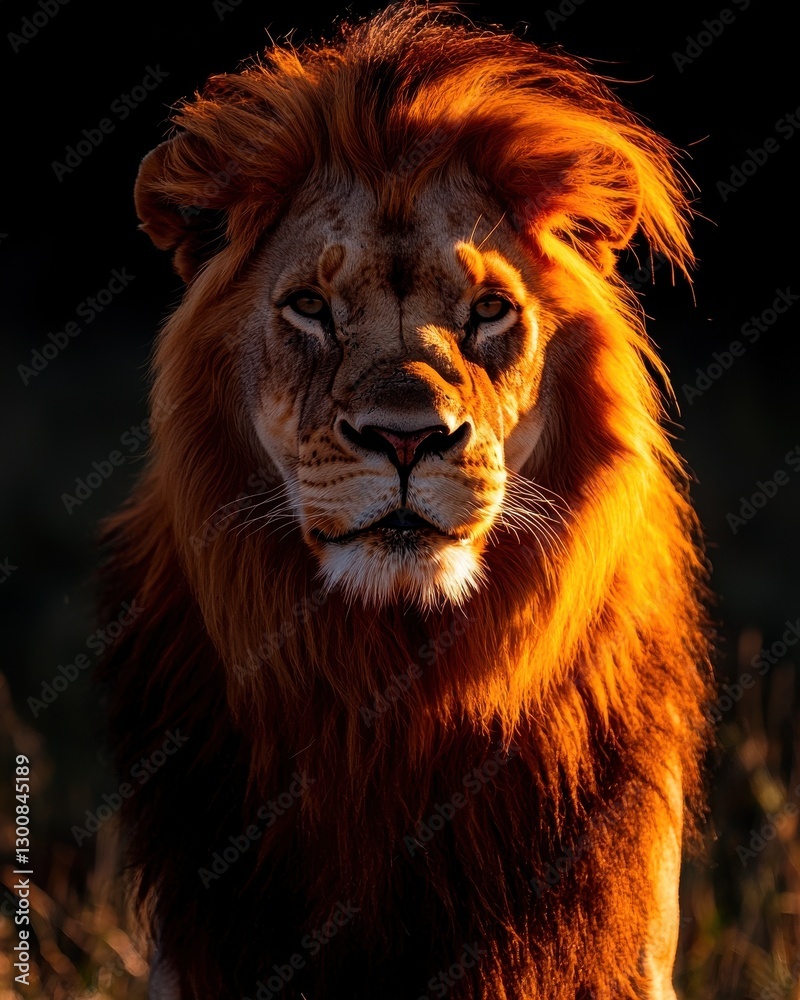 Fototapeta premium A majestic giraffe stands gracefully in a lush green field, its long neck adorned with a striking, golden mane that flows gently in the breeze, surrounded by vibrant grass.