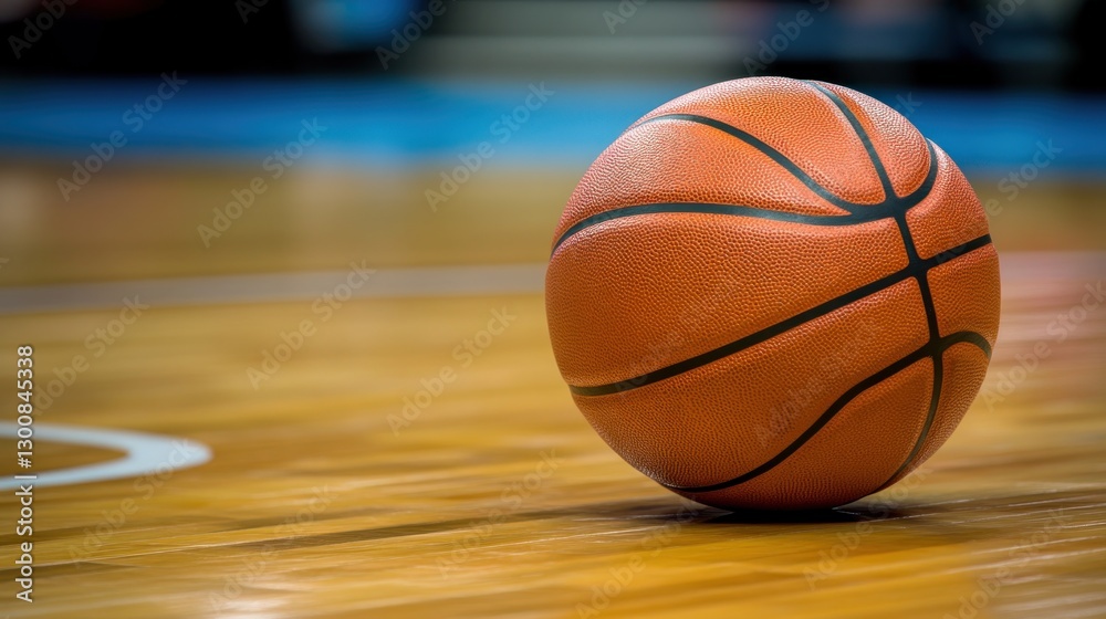 A basketball rolling on a polished wooden court surface. A basketball rolling on a polished wooden court surface.