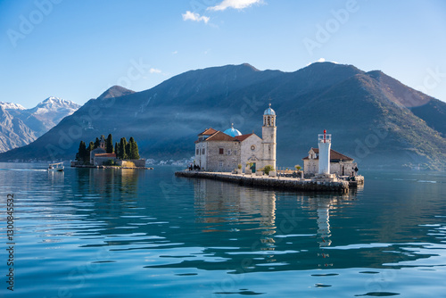 Saint George Island and Church of Our Lady of the Rocks near Perast in Montenegro. Boka Kotor bay, Europe. 