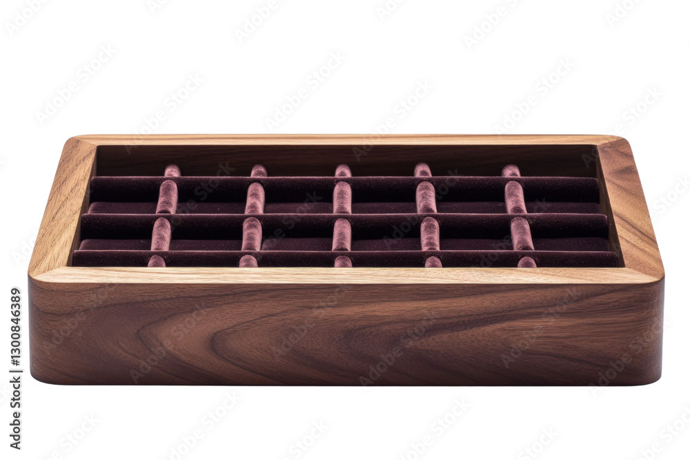 Rectangular Wooden Jewelry Organizer With Maroon Velvet Interior Against Transparent Backdrop Rectangular Wooden Jewelry Organizer With Maroon Velvet Interior Against Transparent Backdrop
