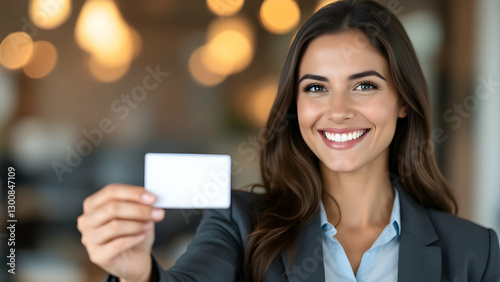 Smiling professional holding a business card.