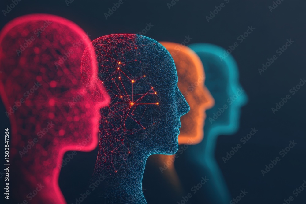 Obraz premium Group of diverse human figures connected by glowing lines symbolizing unity and connection