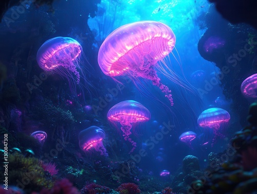 Wallpaper Mural Exploring the mesmerizing depths of an alien trench filled with glowing jellyfish and vibrant marine life. Generative AI Torontodigital.ca