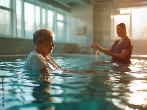 Hydrotherapy session promoting relaxation and healing for elderly individuals in a serene aquatic environment during sunset. Generative AI