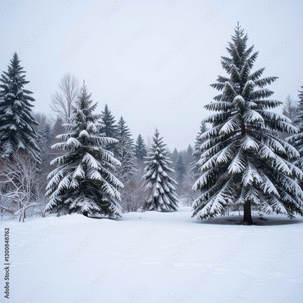 Naklejka premium Snowy winter landscape, evergreen trees blanketed in white snow, serene atmosphere, perfect for winter-themed design or relaxation.