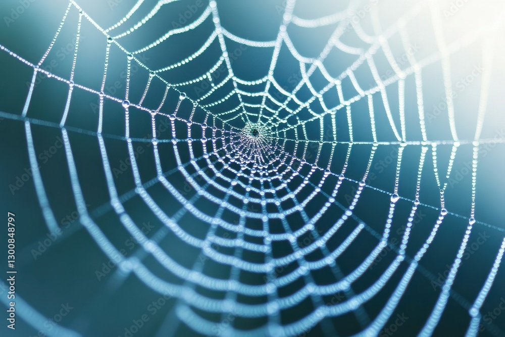 Naklejka premium Close-up of a raindrop-covered spiderweb in a misty forest