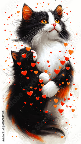 Charming Vector Art of Mother Cat with Kitten Embraced by Heart Motifs – Black and White Feline Illustration, Perfect Love and Cuddle Themes