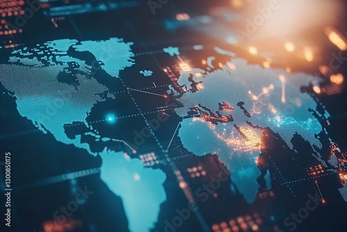 Futuristic digital world map with glowing data points and network connections, representing global communication and technology