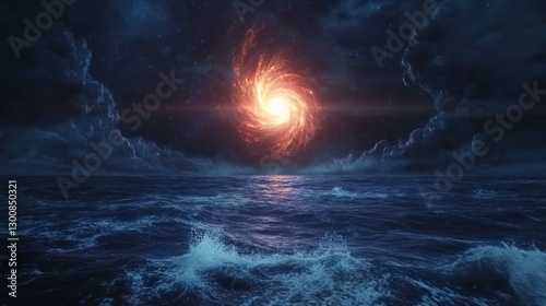 A swirling cosmic vortex above turbulent ocean waves under a starry sky.