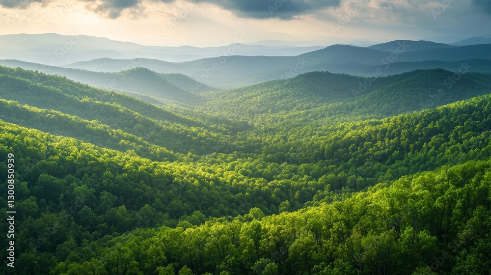 Sunlit green hills and mountains under cloudy sky in serene landscape Sunlit green hills and mountains under cloudy sky in serene landscape