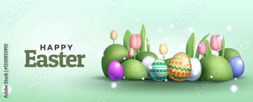 Happy Easter with decorated eggs and tulips on a soft green background. Vector Illustration