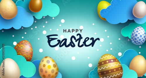Joyful Easter design featuring bright eggs and whimsical cloud cutouts. Vector Illustration