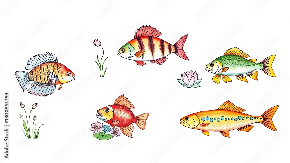 Naklejka premium Colorful Fish Illustration Aquatic Life Pond Nature Water Plants Tropical Fish Marine Ocean Sea