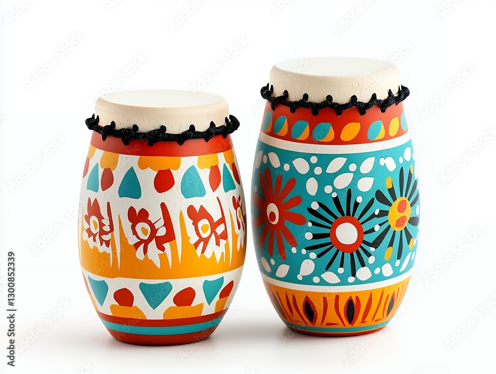 Pair of Small Hand Drums with Vibrant Painted Designs on White Background Pair of Small Hand Drums with Vibrant Painted Designs on White Background