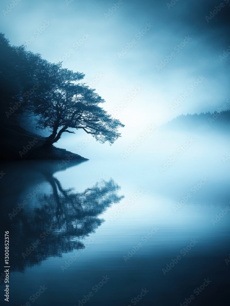 Fototapeta premium A tranquil scene of a solitary tree reflected in still water under a misty, serene sky