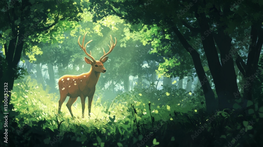 Fototapeta premium Majestic deer in sunlit forest clearing surrounded by lush greenery