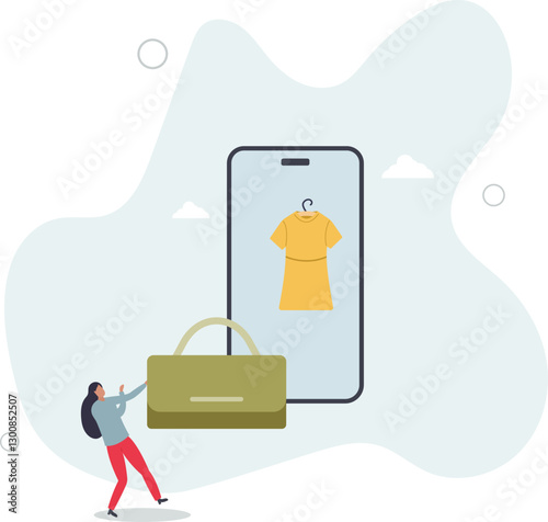 buying recycling eco friendly clothes and textile consciously. woman chooses dress and bag online.flat character life .