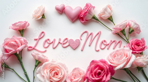 "Love Mom" ​​writing with flowers and heart shape, Mother's day concept, Mom Day, Mama Day