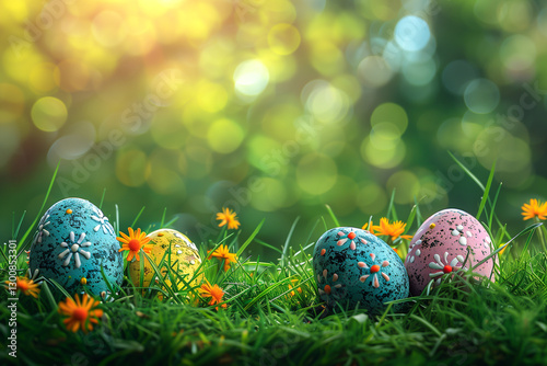Happy Easter background with blue yellow eggs in a grass with flowers, traditional spring holiday