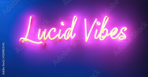 Neon sign lucid vibes glowing dream portal floating surreal elements soft blurred reflections bright colorful realistic photo
