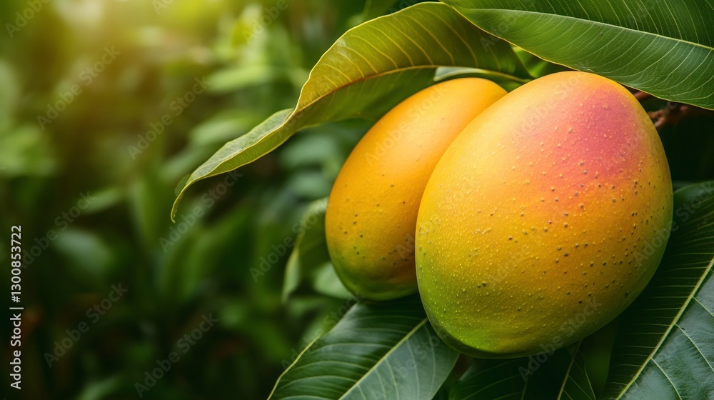 Branch ripe mango golden yellow green fruit surrounded large tropical leaves sunlight casting gentle reflections skin close up detailed focus mangos smooth surface defocused tropical garden background Branch ripe mango golden yellow green fruit surrounded large tropical leaves sunlight casting gentle reflections skin close up detailed focus mangos smooth surface defocused tropical garden background