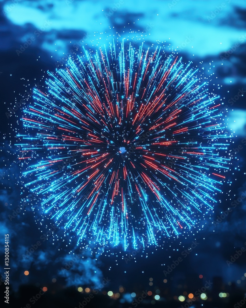 Fototapeta premium A vibrant display of colorful fireworks bursts in the night sky, illuminating the dark backdrop. Below, a bustling city skyline sparkles with lights, creating a festive atmosphere.