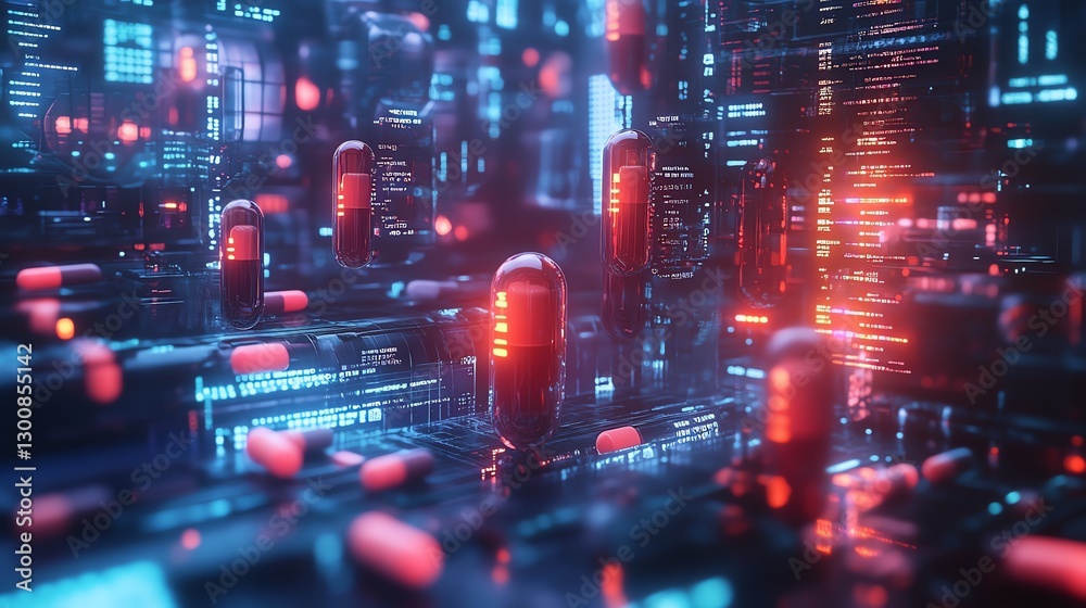 Fototapeta premium A glowing futuristic medical pharmacy with floating pills and capsules in a digital space, surrounded by neonlit health data and holographic medical technology