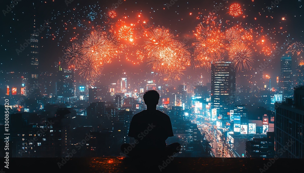 Fototapeta premium A man in silhouette watching fireworks explode over a bustling city at night, surrounded by bright city lights and a starry sky, lost in thought