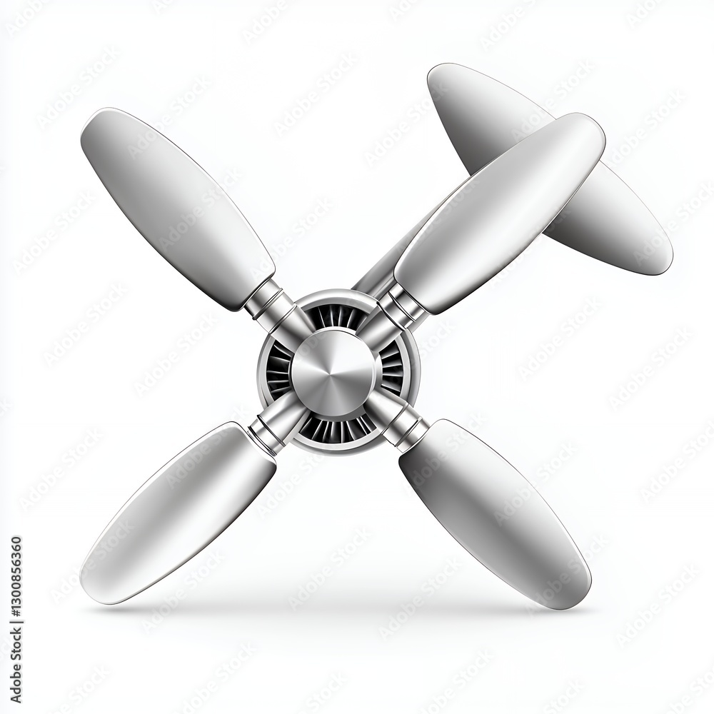 Silver Four Bladed Propeller Engine, 3D Rendered on White Background Silver Four Bladed Propeller Engine, 3D Rendered on White Background